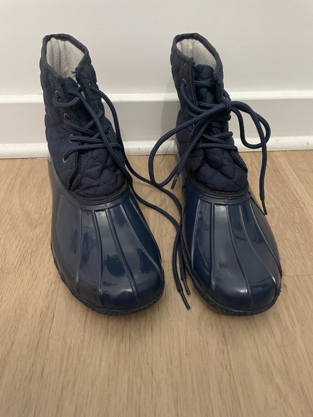 Navy blue duck boots